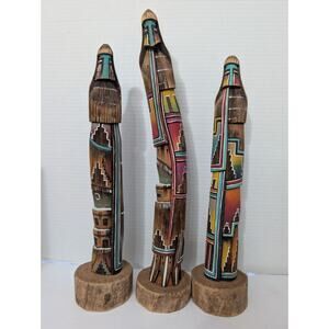 Set of 3 Long Hair Kachina Dolls Hand Carved Painted Wood Native American Style